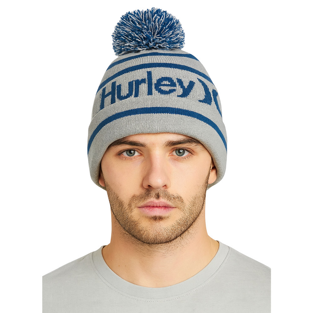 Hurley Ragland Gray Blue Pom Beanie Knit Winter Hat Cuffed Acrylic One Size New